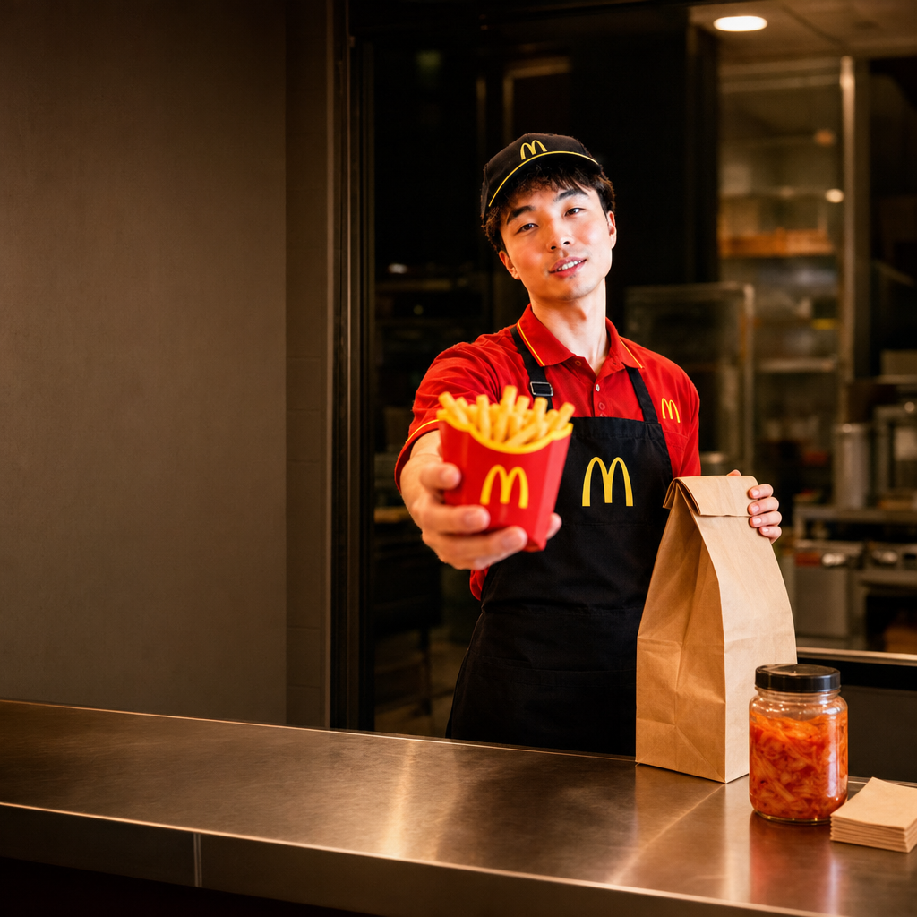 McKimchi at a steel counter handing over fries beside a paper bag and a jar of kimchi